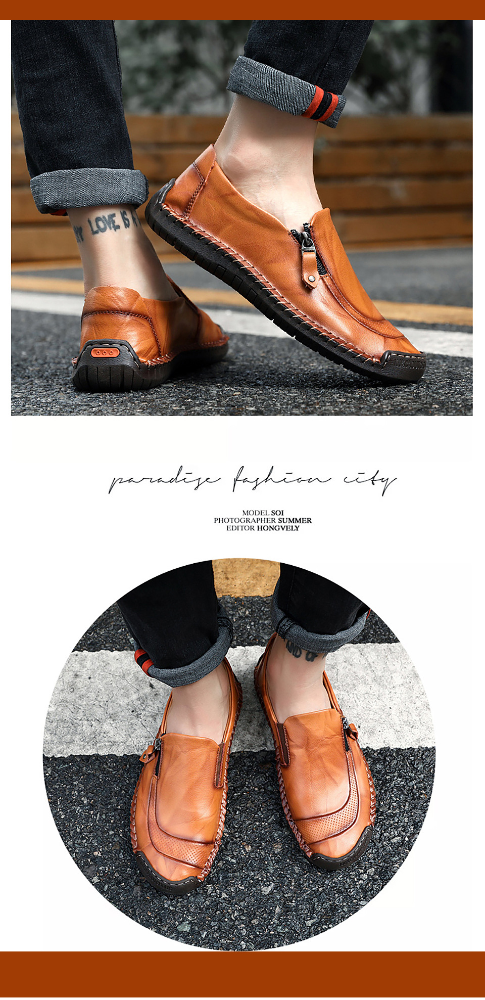 Men Hand Stitching Zipper Slip-ons Genuine leather Shoes