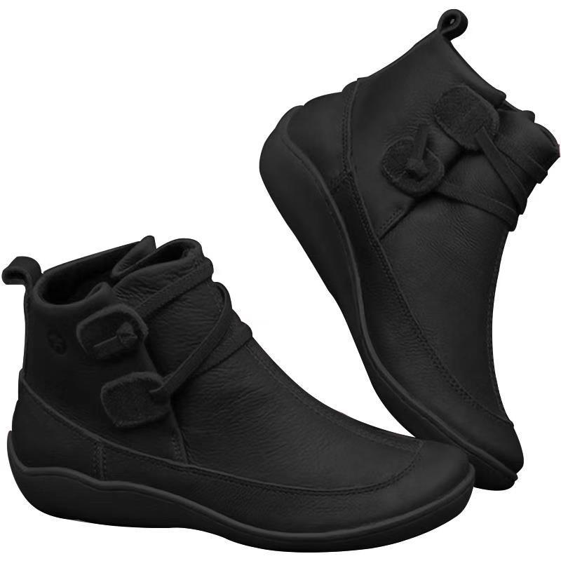Women's Medieval Vintage Leather Boots Braided Strap Flat Heel Boots Waterproof Slip on Shoes