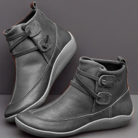 Women's Medieval Vintage Leather Boots Braided Strap Flat Heel Boots Waterproof Slip on Shoes