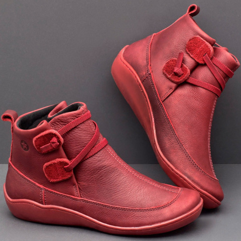 Women's Medieval Vintage Leather Boots Braided Strap Flat Heel Boots Waterproof Slip on Shoes
