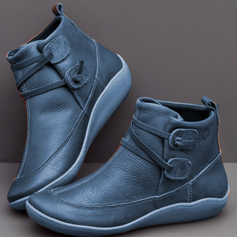Women's Medieval Vintage Leather Boots Braided Strap Flat Heel Boots Waterproof Slip on Shoes