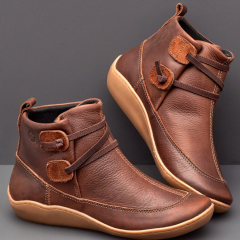 Women's Medieval Vintage Leather Boots Braided Strap Flat Heel Boots Waterproof Slip on Shoes
