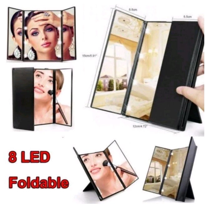 Tri-Fold Magnifying Vanity Compact Makeup Mirror with 8 LED Lights Portable Travel Mirrors