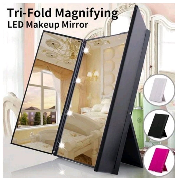 Tri-Fold Magnifying Vanity Compact Makeup Mirror with 8 LED Lights Portable Travel Mirrors