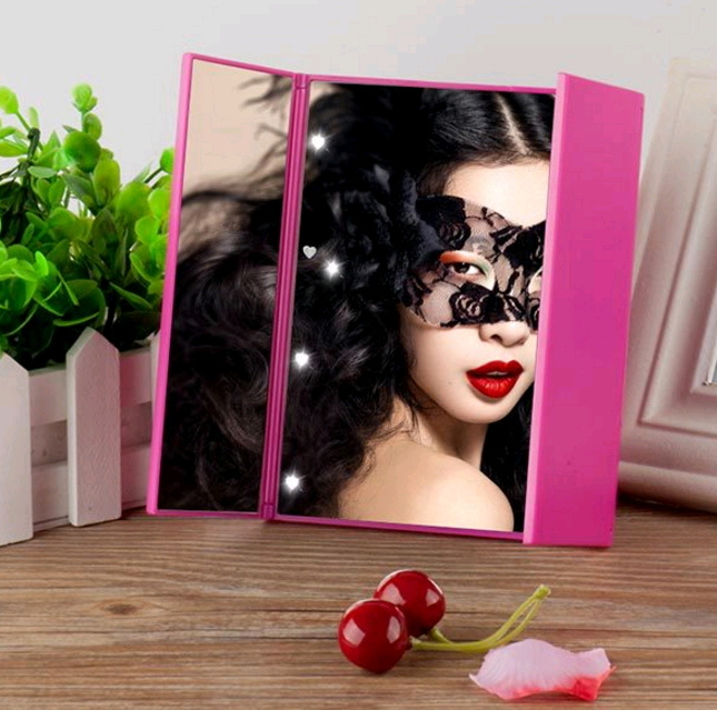 Tri-Fold Magnifying Vanity Compact Makeup Mirror with 8 LED Lights Portable Travel Mirrors