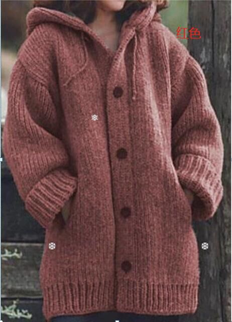Button Down Hooded Knitted Cardigan Plus Size Outerwear sweater Coat