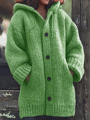 Button Down Hooded Knitted Cardigan Plus Size Outerwear sweater Coat
