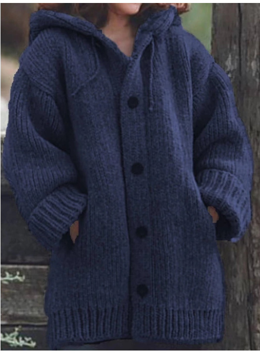 Button Down Hooded Knitted Cardigan Plus Size Outerwear sweater Coat