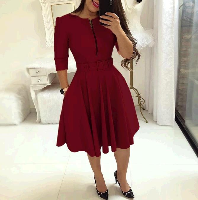 women o neck sleeve autumn winter sash pure color midi dress