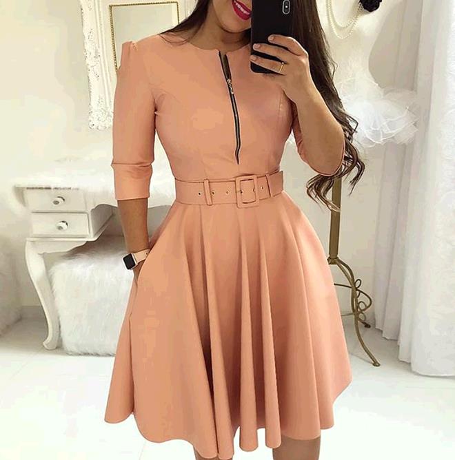 women o neck sleeve autumn winter sash pure color midi dress