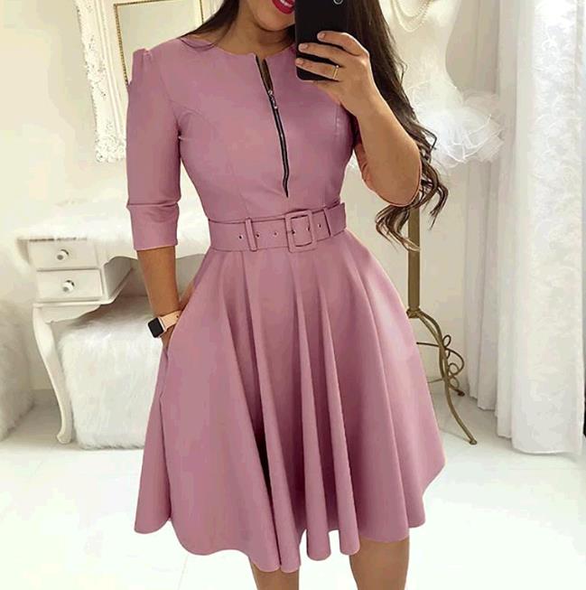 women o neck sleeve autumn winter sash pure color midi dress
