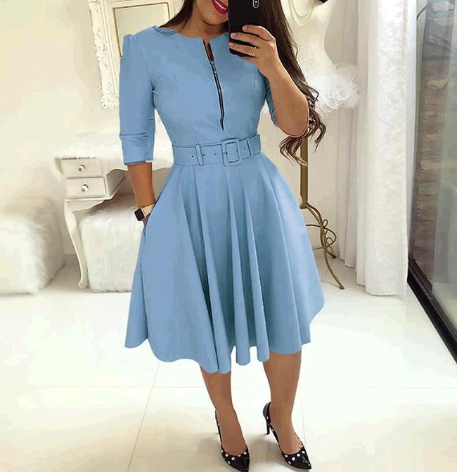 women o neck sleeve autumn winter sash pure color midi dress