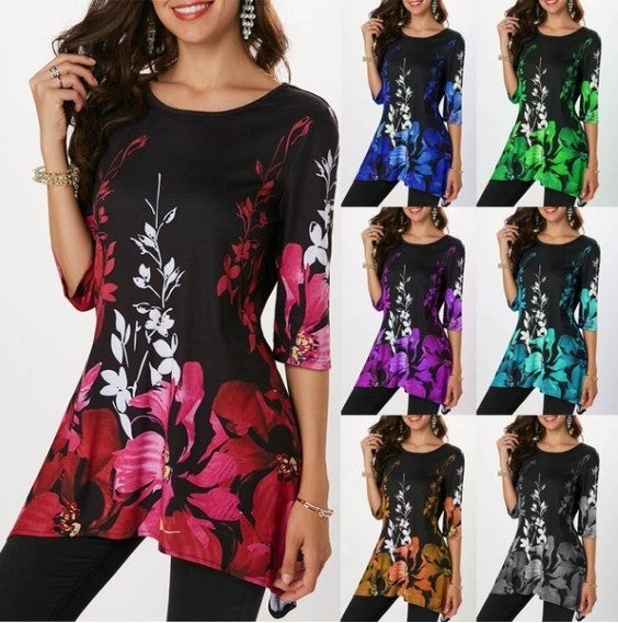 Summer Autumn Fashion Womens Half Sleeve Floral Printed Blouse Casual Loose Irregular Tops