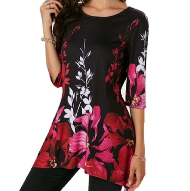 Summer Autumn Fashion Womens Half Sleeve Floral Printed Blouse Casual Loose Irregular Tops