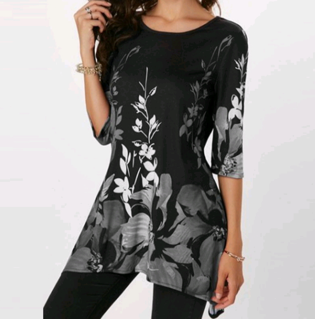 Summer Autumn Fashion Womens Half Sleeve Floral Printed Blouse Casual Loose Irregular Tops