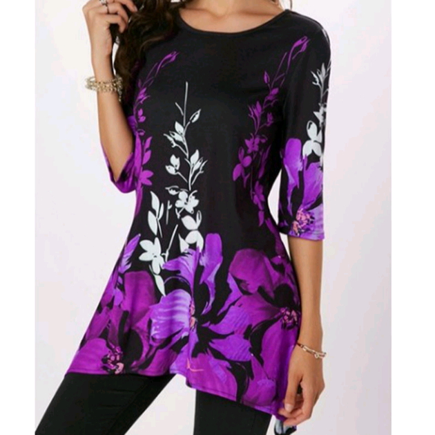 Summer Autumn Fashion Womens Half Sleeve Floral Printed Blouse Casual Loose Irregular Tops