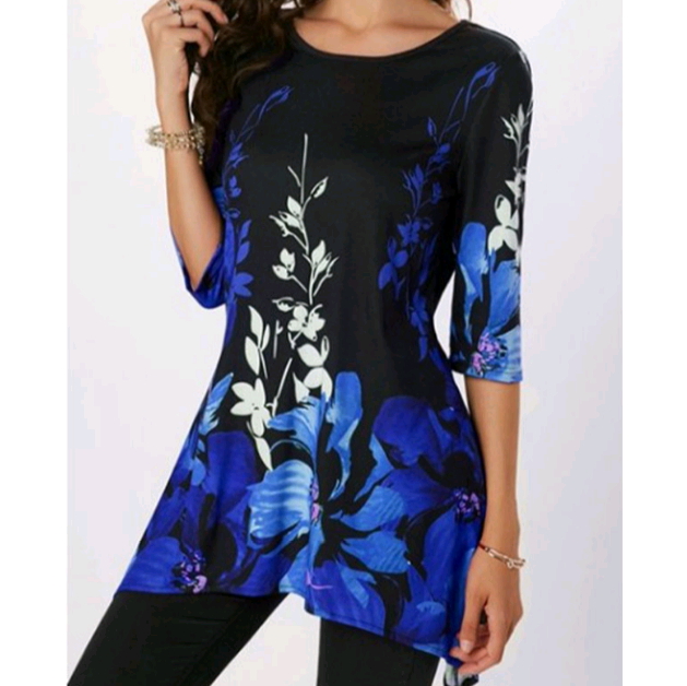Summer Autumn Fashion Womens Half Sleeve Floral Printed Blouse Casual Loose Irregular Tops