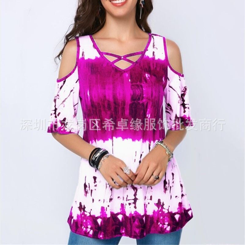 Women's Fashion Short Sleeve Tunic Tops Ladies Sexy V-neck Print Plus Size Blouse Off Shoulder