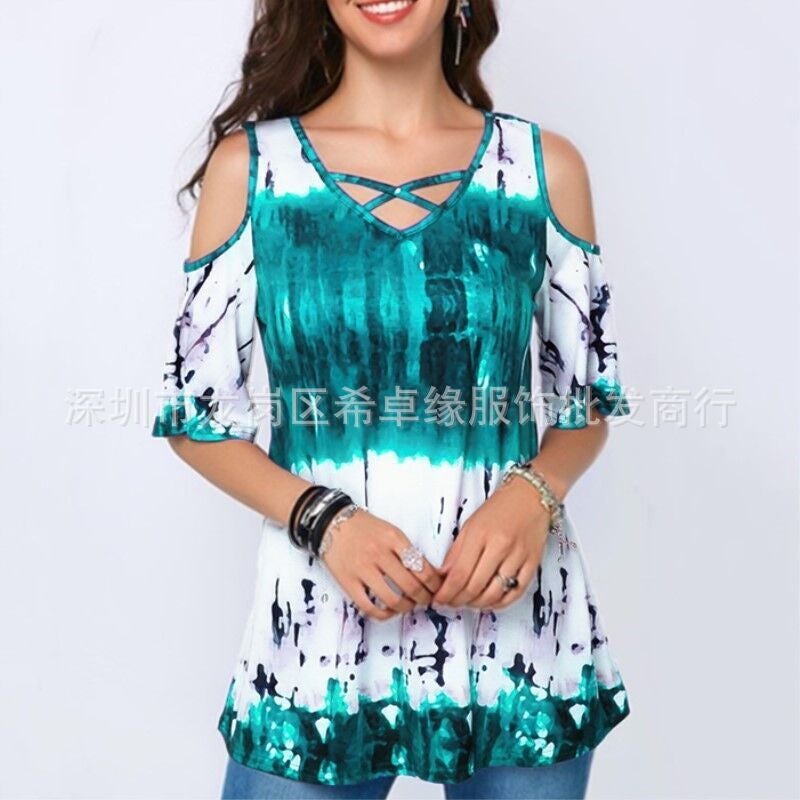 Women's Fashion Short Sleeve Tunic Tops Ladies Sexy V-neck Print Plus Size Blouse Off Shoulder