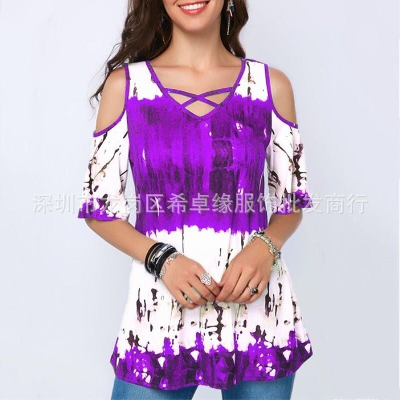 Women's Fashion Short Sleeve Tunic Tops Ladies Sexy V-neck Print Plus Size Blouse Off Shoulder