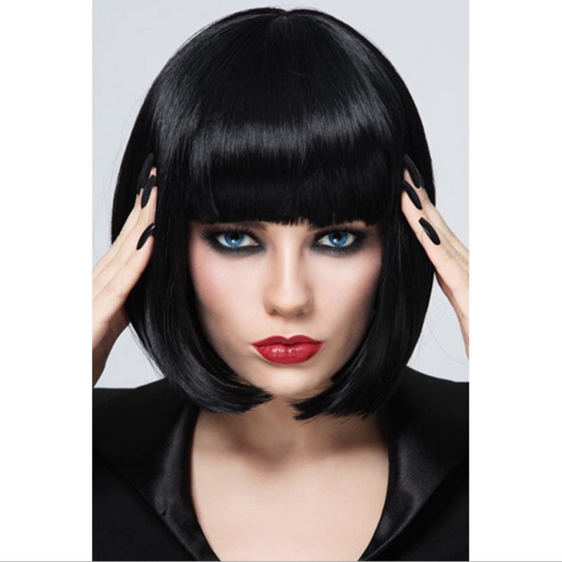 Lady Girl Bob Wig Women's Short Straight Bangs Full Hair Wigs Cosplay Party with Free Hair Cap