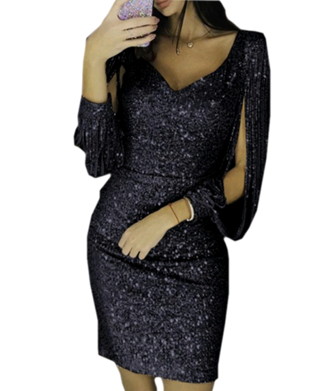 women party night deep v neck Elegant Women's sheath slim Dress Tassel luxury dinner mini dress