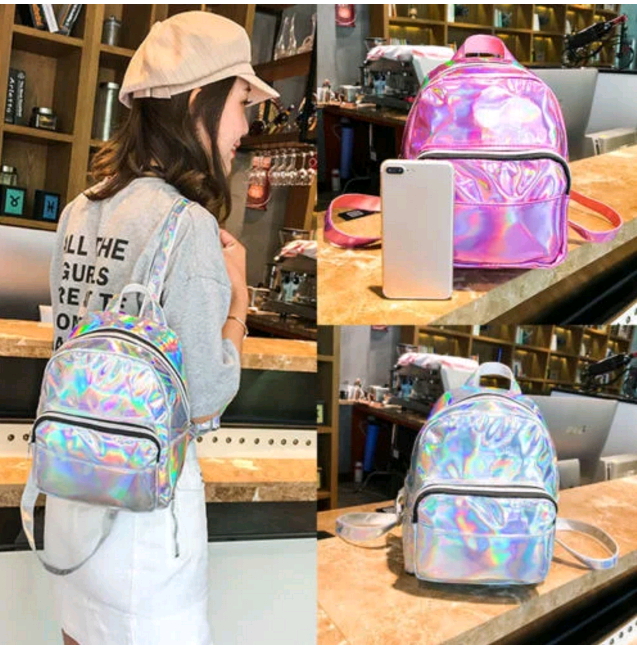 Women Holographic Hologram Metallic Color Backpack School Shoulder Bag