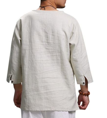 Men Loose Shirts Chinese Tradition Style V-Neck Breathable Cotton Linen Casual Shirts Male Tops