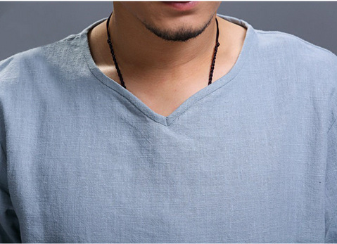 Men Loose Shirts Chinese Tradition Style V-Neck Breathable Cotton Linen Casual Shirts Male Tops