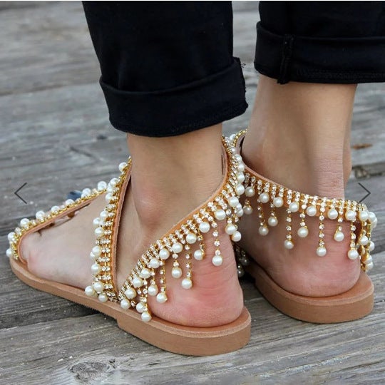 Women Summer Leather Sandals Casual Pearls Shoe