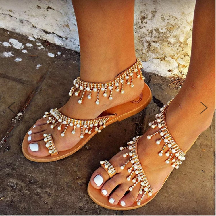 Women Summer Leather Sandals Casual Pearls Shoe