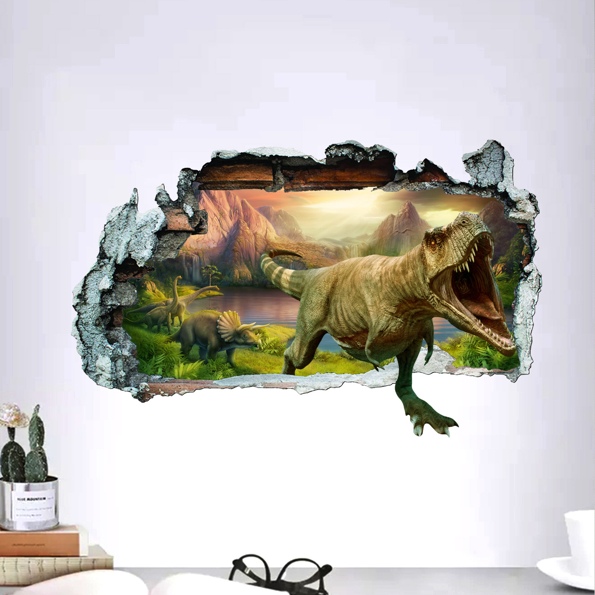 Broken wall 3D dinosaur animal wall stickers bedroom living room children's room decoration stickers 3D visual effects self-adhesive