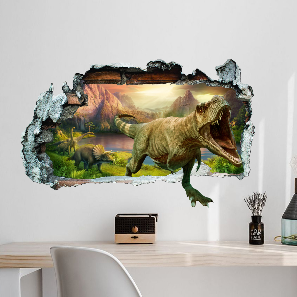 Broken wall 3D dinosaur animal wall stickers bedroom living room children's room decoration stickers 3D visual effects self-adhesive