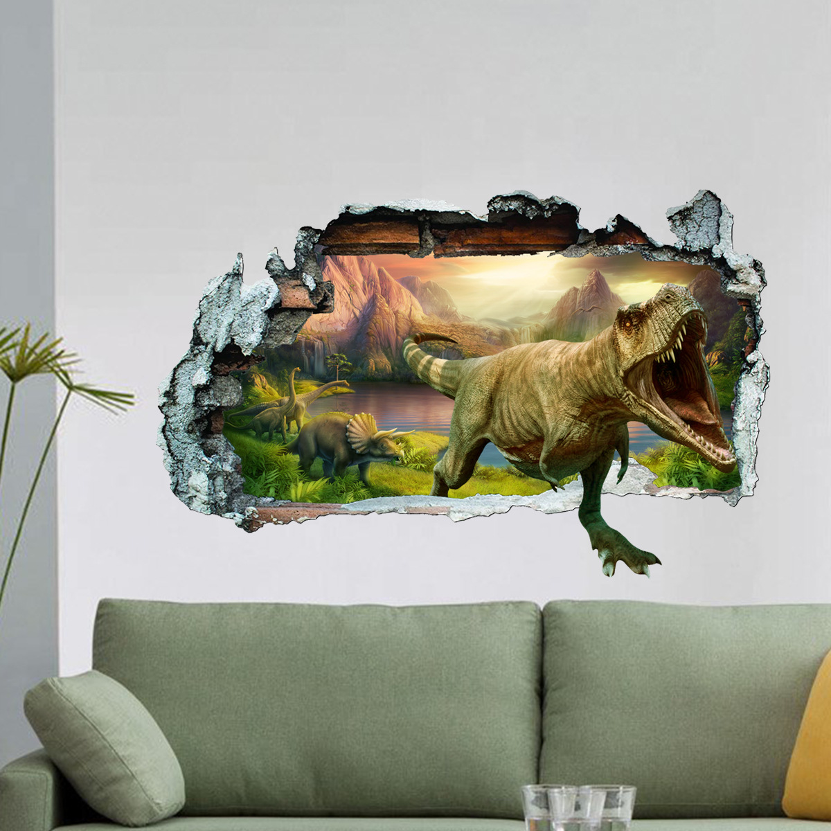 Broken wall 3D dinosaur animal wall stickers bedroom living room children's room decoration stickers 3D visual effects self-adhesive