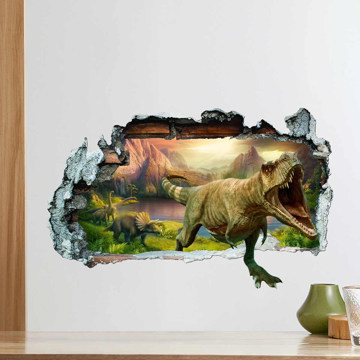 Broken wall 3D dinosaur animal wall stickers bedroom living room children's room decoration stickers 3D visual effects self-adhesive