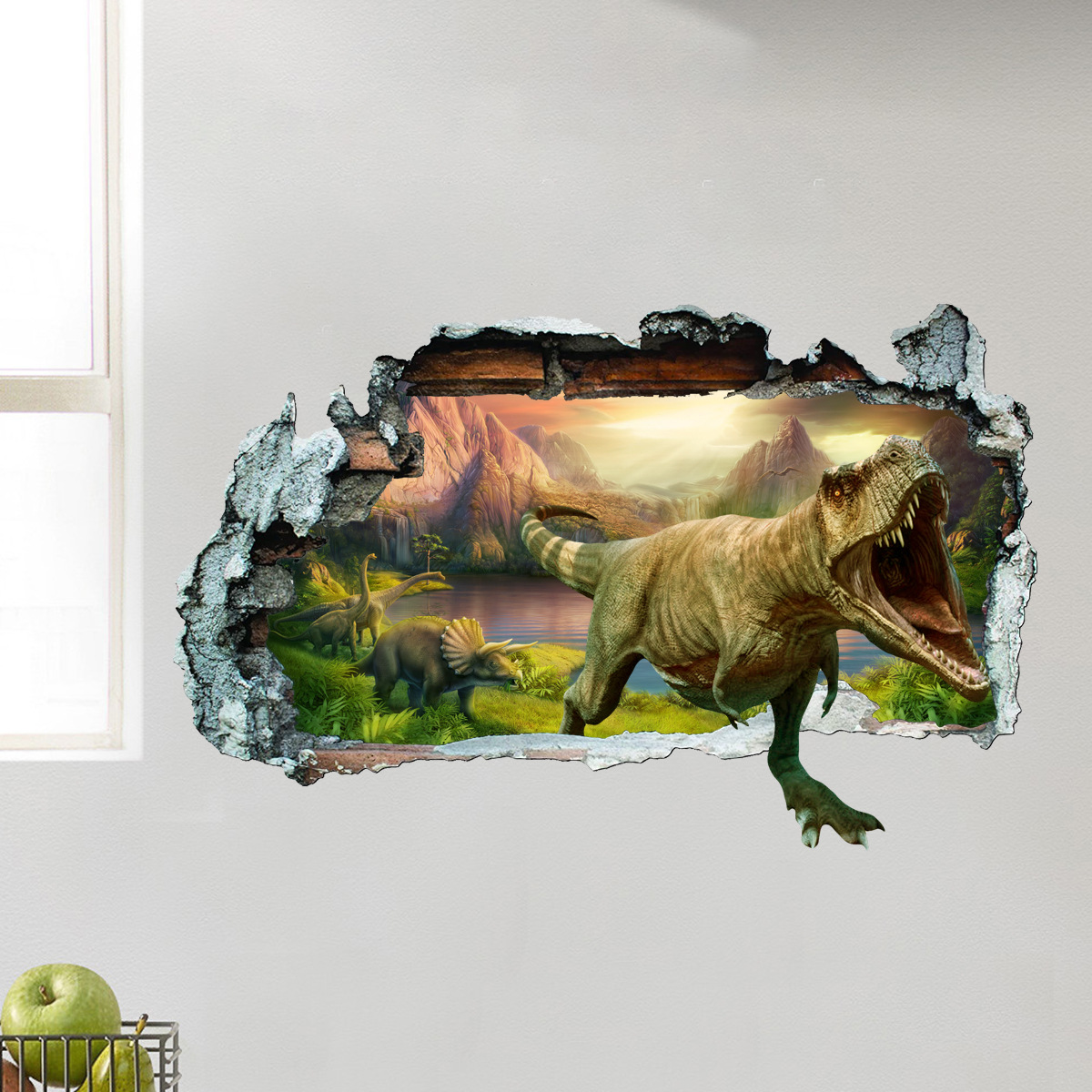 Broken wall 3D dinosaur animal wall stickers bedroom living room children's room decoration stickers 3D visual effects self-adhesive
