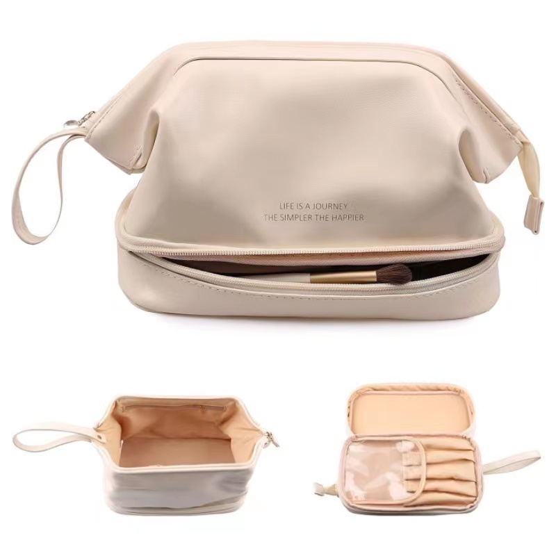 2023 Women Large-capacity Double Layer Travel Cosmetic Bag PU Leather  Portable Makeup Wash Bag Handbags Storage Toiletries Organzier