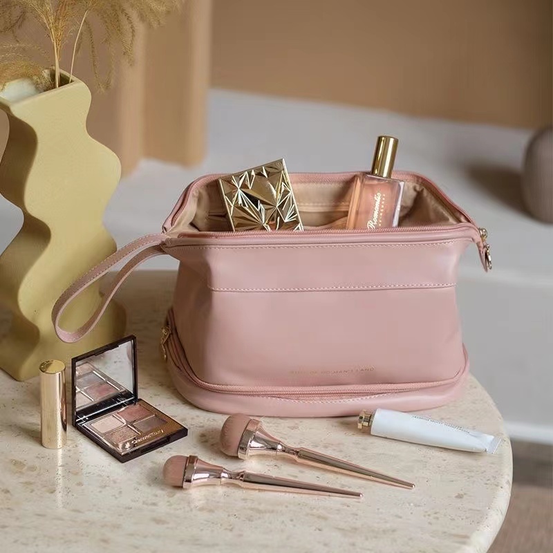 2023 Women Large-capacity Double Layer Travel Cosmetic Bag PU Leather  Portable Makeup Wash Bag Handbags Storage Toiletries Organzier