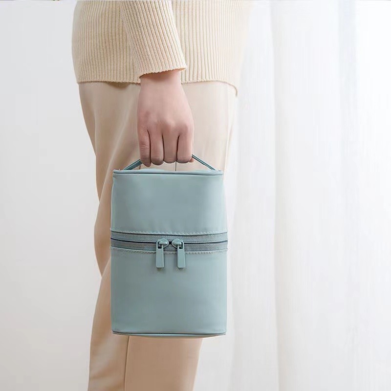 Travel Women Makeup Zipper Bag Solid Cosmetic Bag Cylinder Makeup Brush Organizer Toiletries Makeup Kit Pouch Package  Barrel Shaped  Trip Make Up Box Handbags