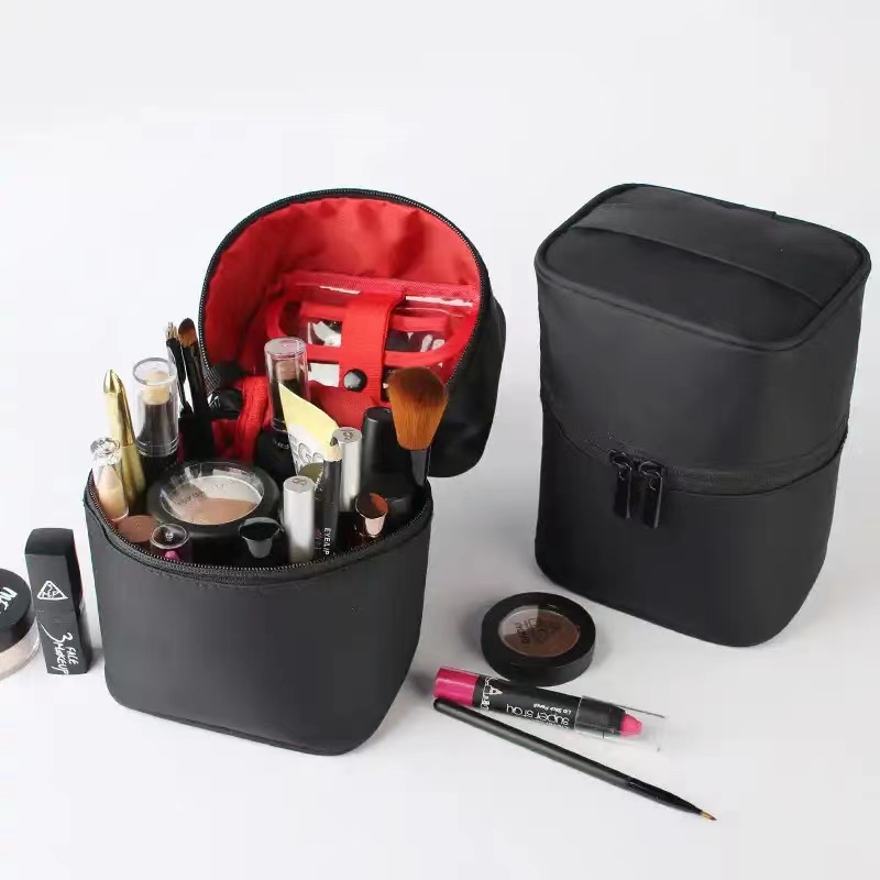 Travel Women Makeup Zipper Bag Solid Cosmetic Bag Cylinder Makeup Brush Organizer Toiletries Makeup Kit Pouch Package  Barrel Shaped  Trip Make Up Box Handbags