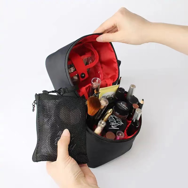Travel Women Makeup Zipper Bag Solid Cosmetic Bag Cylinder Makeup Brush Organizer Toiletries Makeup Kit Pouch Package  Barrel Shaped  Trip Make Up Box Handbags