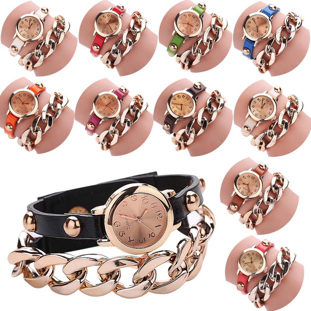 2017 Hot Sell Korean Style Retro Bracelet Watches Cool Women's Golden Leather Chain Quartz Watch