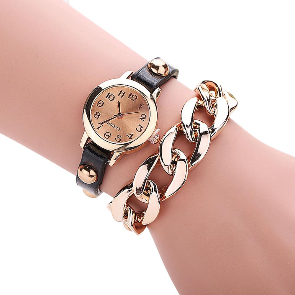 2017 Hot Sell Korean Style Retro Bracelet Watches Cool Women's Golden Leather Chain Quartz Watch