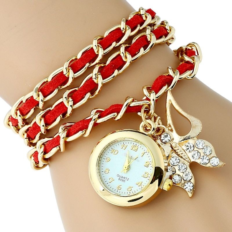 Platinum Large Pu leather chain Strap Rhinestone butterfly watch charm Fashion women watch bracelet