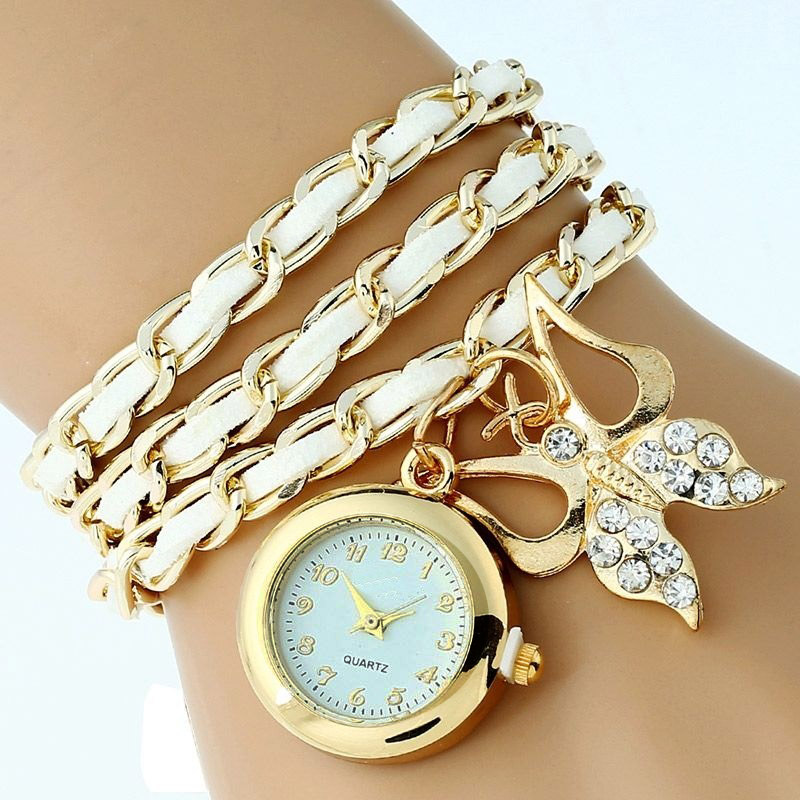 Platinum Large Pu leather chain Strap Rhinestone butterfly watch charm Fashion women watch bracelet