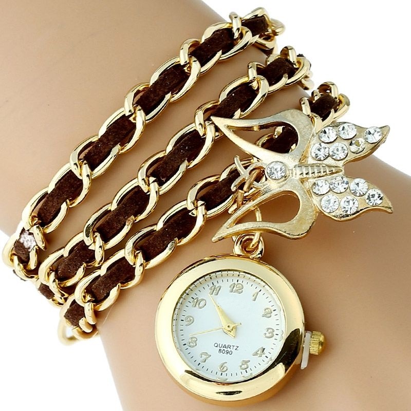 Platinum Large Pu leather chain Strap Rhinestone butterfly watch charm Fashion women watch bracelet
