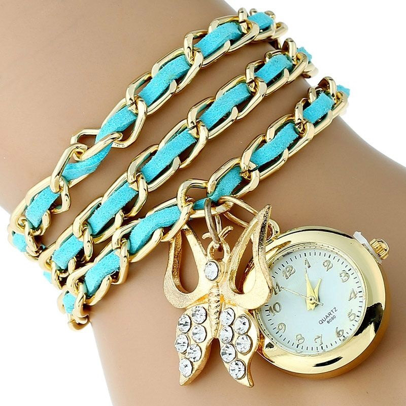 Platinum Large Pu leather chain Strap Rhinestone butterfly watch charm Fashion women watch bracelet