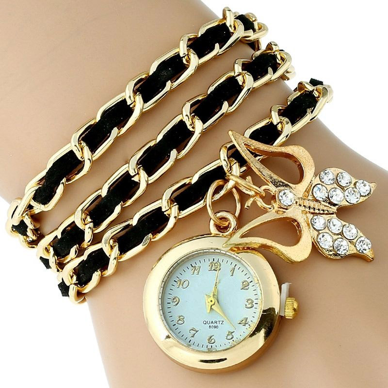 Platinum Large Pu leather chain Strap Rhinestone butterfly watch charm Fashion women watch bracelet