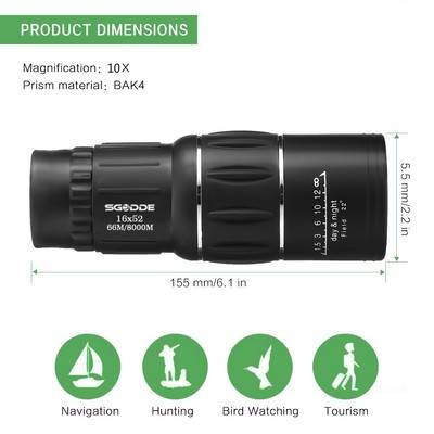16x52 Dual Focus 66m/ 8000m Optics Zoom Monocular Telescopes, for Birds/Wildlife/hunting/camping