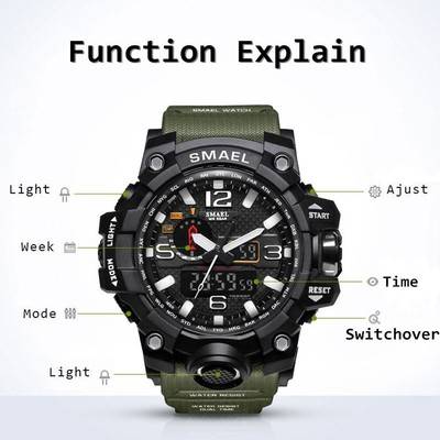 Men's 50M Waterproof Dual Dial Analog Digital Quartz Sport Military Watch Multifunction Two Timezone